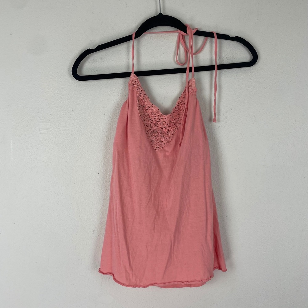 Y2K Abercrombie & Fitch Coral Halter Top‎ Crochet Trim Sleeveless Summer Tank S